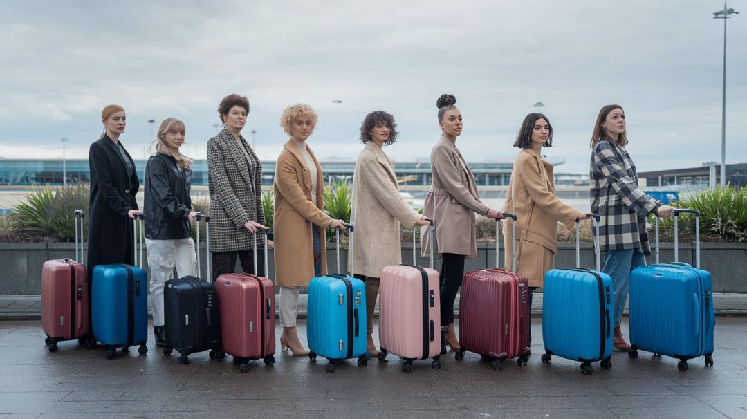 Acht Frauen mit ihrem Gepäck